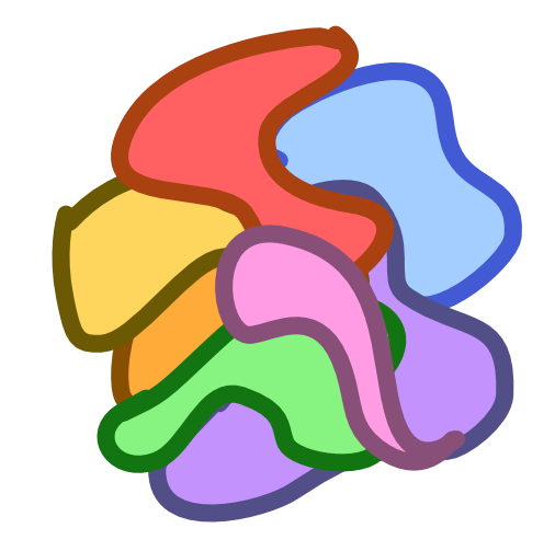 Variously colored and sized blobs fit together to create a colorful blob.
